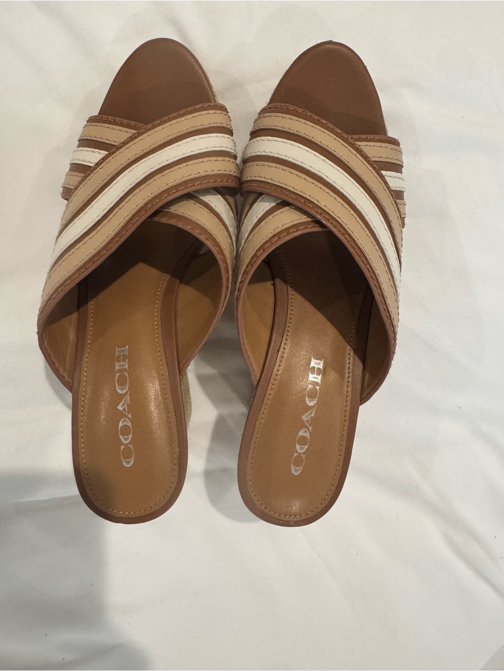 Coach Tan and Cream Leather Crossband Slide Mules